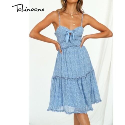 Tobinoone Ruffle Blue Summer Dresses Women Bow Spaghetti Strap V Neck Backless Midi Dress Bohemian Female Loose Vestidos 2021