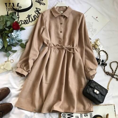 YornMona Women Autumn Turn Down Collar Shirt Dress 2019 Vintage Long Sleeve Sashes Bandage Dress Elegant Office Ladies Dresses