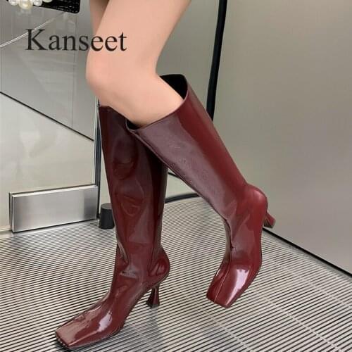 Kanseet Women Long Boots 2021 Modern Boots Autumn Winter Thin High Heel Shoes Square Toe Women Knee-High Boots Black Big Size 40