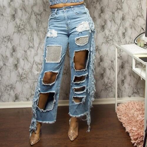 2021 Summer New Womens Fringed Holes Fashion Jeans Light-Colored High Waist Straight-Leg Pants Women Casual Streetwear Jeans