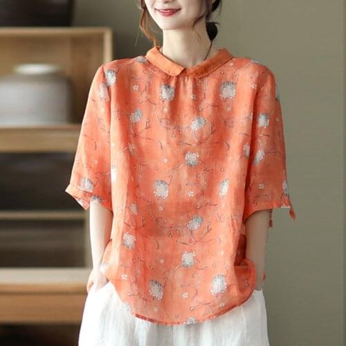Johnature Women Casual Shirts Turn-down Collar Short Sleeve Button Clothes 2021 Summer New Print Floral Vintage Loose Blouse