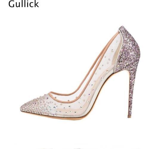 High Quality Mesh Air Crystal Women Pumps 8 10 12 CM Colorful Glitter High Thin Heels Woman Banquet Party Shoes Big Size 43