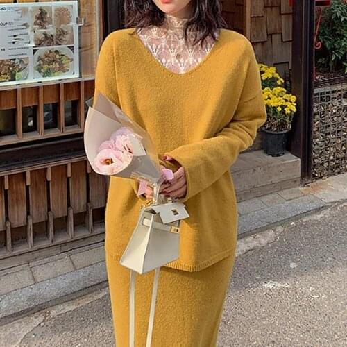 Two Piece Set Womens Fall Winter 2021 Fashion Outfits Pullovers V Neck Knitted Tops Elastic Band High Waist Midi Skirts