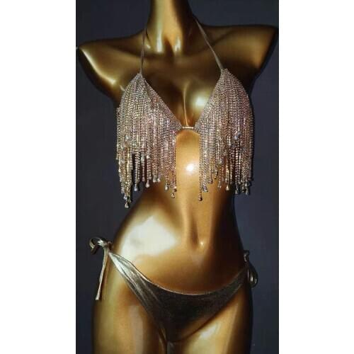 2020 Sexy Summer Women Summer Swinwear Sliver Gold Diamond Blink Tassel Bodysuit Bikini Two 2 Pieces Sandy Beach Party Wholesale