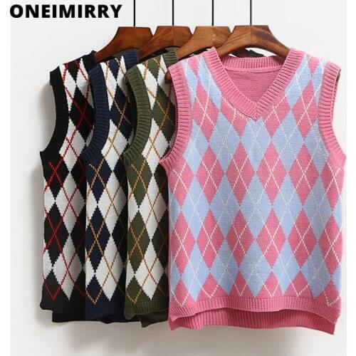 Oneimirry Women Argyle Sweater Vest 2021 Fashion Knitted Girl Tank Top V Neck Sleeveless Loose Rhombus Vest Vintage 90s Clothes