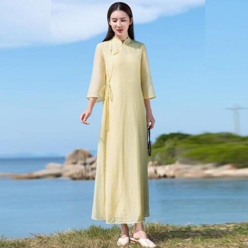 2021 Spring Linen New Mandarin Collar Loose Solid Color Long Vintage Dress Cheongsam Traditional Chinese Dress Qipao TA2401