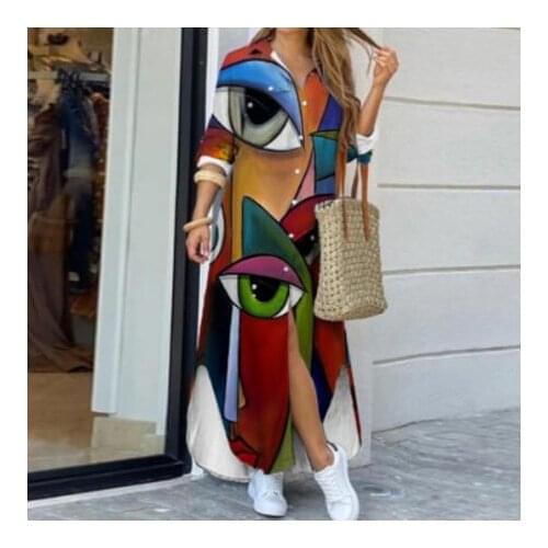 Lady Casual Turn-Down Collar Shirt Long Dress Elegant Long Sleeve Loose Maxi Dress Women Vintage Print Button Split Party Dress