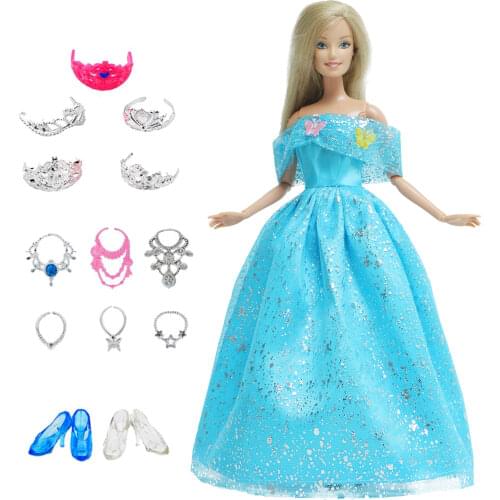 14 Pcs / Lot = 1x Fairy Tale Doll Dress + 13x Random Accessories Shoes Handbag Glasses Clothes for Barbie Doll Baby Girl Toys