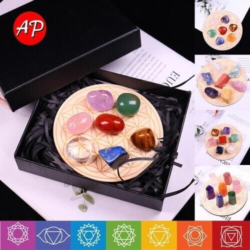 8 Pcs/Set Natural Colored Gemstone Quartz Chakras Crystal Gravel Wood Board Base Gift Box Yoga Balance Health Array