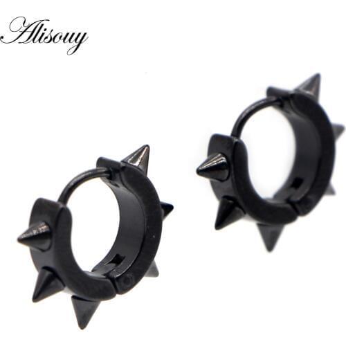 Alisouy 1 pair Fashion 4 Styles Rock Punk Gothic Style Mens Womens Stainless Steel Taper Round Spike Stud Earrings 9mm 7mm