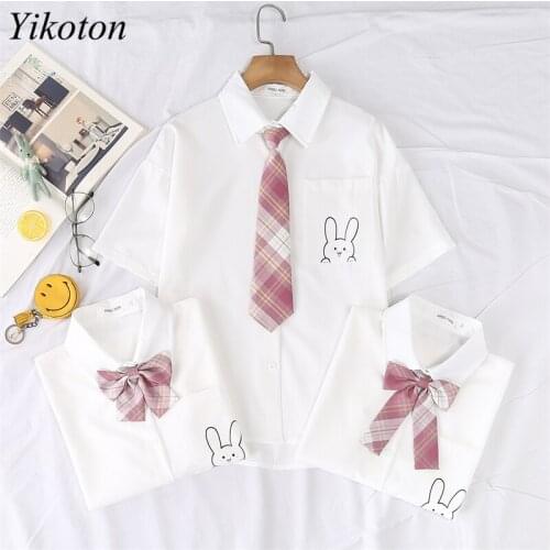 Chic Preppy Style JK Uniform New 2021 Summer Lapel Solid Loose Blouses White Shirts For Womens Top Bow Tie Shoer Sleeve Tops