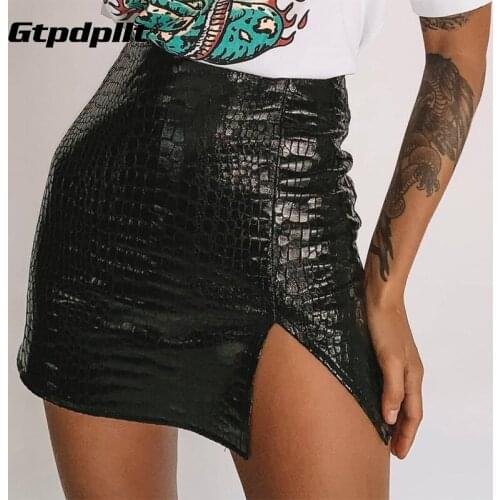 Gtpdpllt Black Pu Leather Split Skirt For Women Fashion High Waist Mini Skirts Streetwear Ladies Solid Sexy Bodycon Skirt New