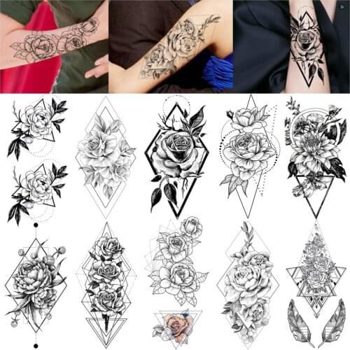 Black Geometric Rose Peony Style Women Temporary Tattoos Waterproof flower Lily Sexy Realistic Body Art Tatoo For Adults