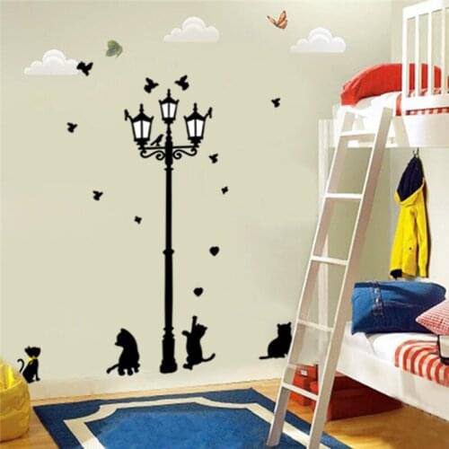 Lamppost Cat Butterfly Wall Stickers Home Decorations Diy Wall Decals Kids Room Mural Art Peel And Stick Black