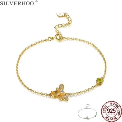 SILVERHOO Cute Bee Bracelets For Women 925 Sterling Silver Cubic Zirconia CZ Charm Bracelets Gold Color Fine Jewelry Party Gift