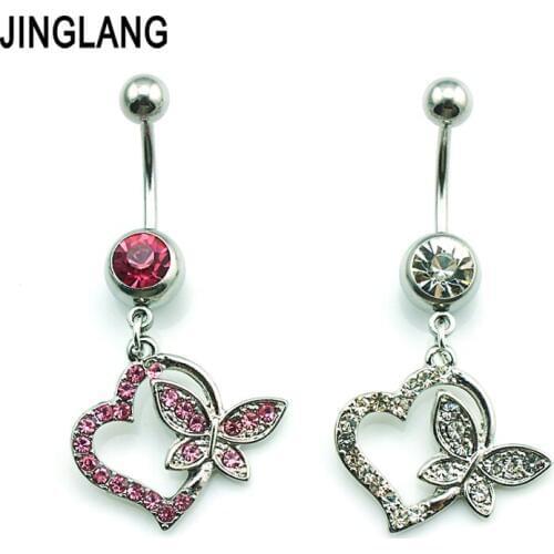 JINGLANG Belly Button Rings Stainless Steel Barbell Dangle 2 Style Rhinestone Heart Butterfly Navel Body Piercing Jewelry