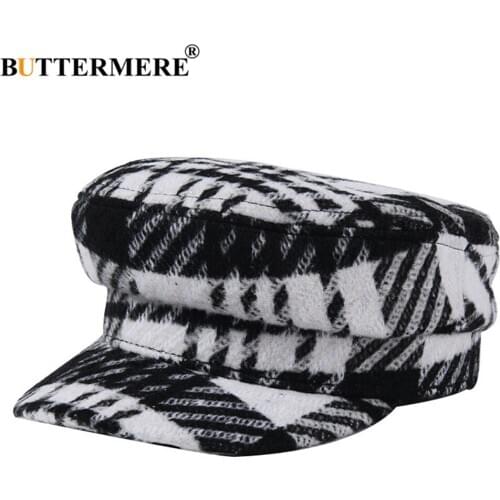 BUTTERMERE Black White Plaid Newsboy Cap Wool Winter Hat for Women Woolen Designer Brand Retro Casual Female Falt Cap