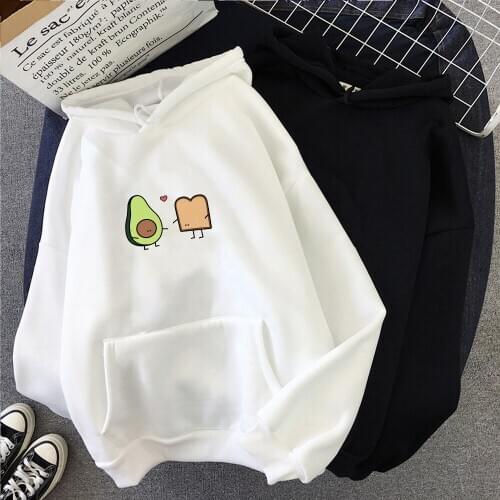 Korean Fashion Women Hoodies Winter Harajuku Kawaii Avocado Vegan Bread Cartoon Print Sweatshirts Couple Hoodie Tumblr Black Top