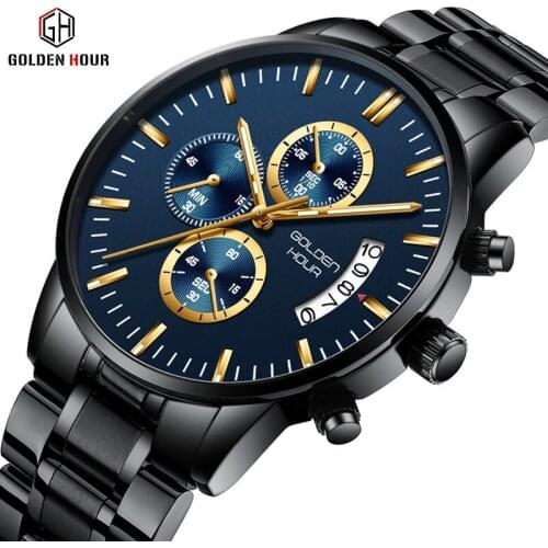GOLDENHOUR GH125S Man Quartz Watch Stainless Steel Band Water Resist Chronograph Simple Casual Hand Watch