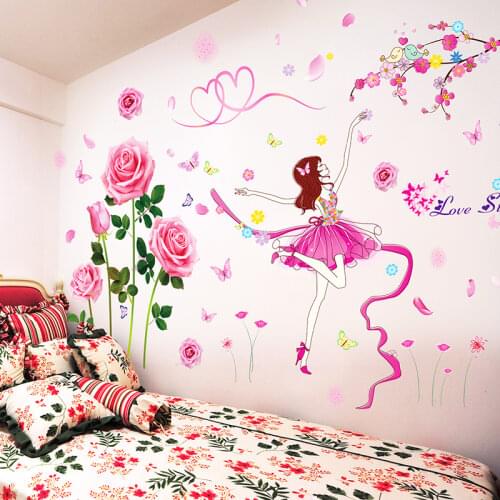 [shijuekongjian] Girl Dancer Cartoon Wall Stickers DIY Flowers Wall Decals for Kids Rooms Baby Bedroom Living Room Decoration