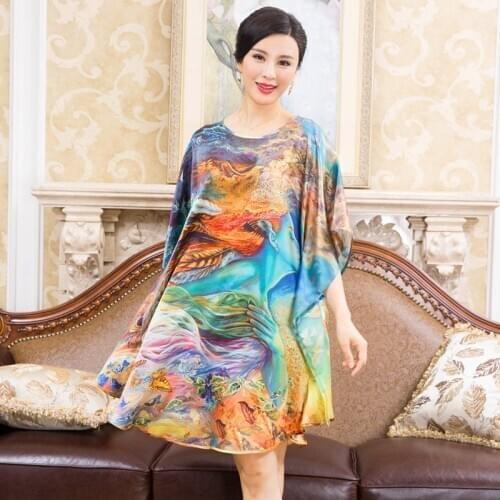 Oversized Summer 100% Silk Women Printing Sleepwear Loose Leisure Bat sleeve Nightgowns Printing Big Size Nightdress