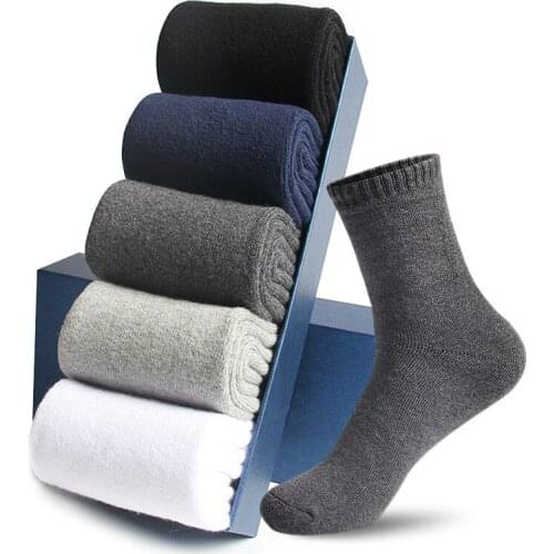 5 Pairs/ Lot Thicken Mens Cotton Socks Business Plus Fleece Socks High Quality Medium Length Cotton Terry Autumn Winter Warm