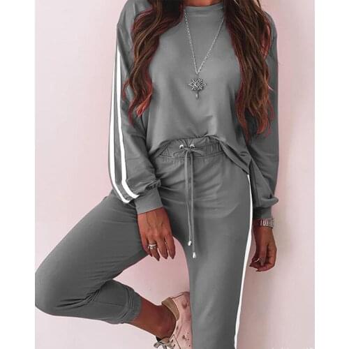 Autumn Striped Womens Suits 2 Pieces Sets O-Neck Long Sleeve Female Sweatshirts Set Drawstring Casual Sport Ladies Pants Suit