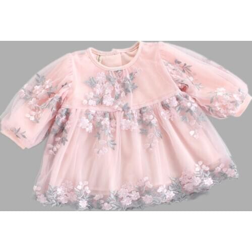 Infant Toddler Christening Dress Newborn Lantern Sleeve Girls Clothes Flowers Embroidery Princess Baby Baptism Dress 0-2Y