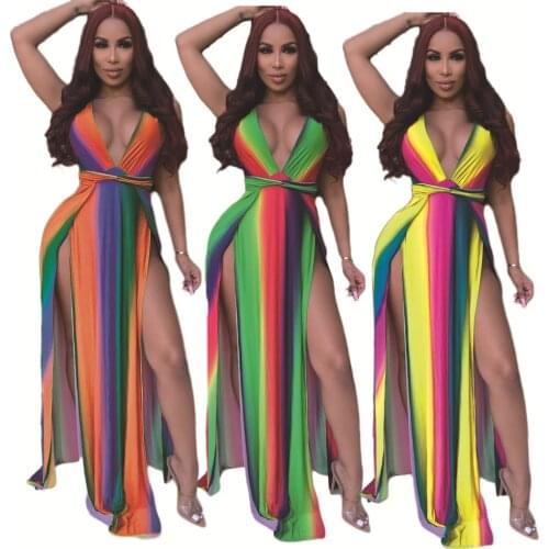 Summer New Dress Sleeveless Open High Fork Deep V-Neck Rainbow Print Stripes Sexy Breast Display Womens Clothing