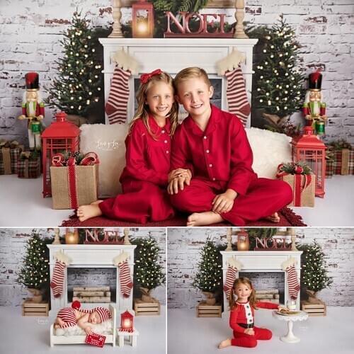 Xmas Photography Background Christmas Tree Decoration Prop Wreath White Brick Wall Backdrop Fireplace Child Party Photo Studio