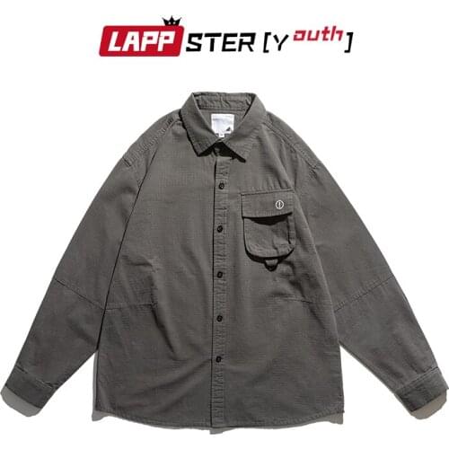 LAPPSTER-Youth Men Vintage Solid Pocket Button Up Shirts 2021 Mens Harajuku Y2k Causal Shirts Man Japanese Streetwear Kpop Shirt