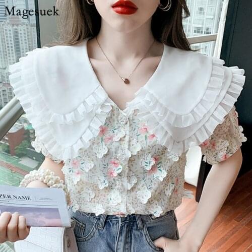 Puff Sleeve Woman Shirt 2021 Chic 3D Flowers Elegant Women Blouses Summer Lace Turn-down Collar Print Shirts Female Blusas 15386