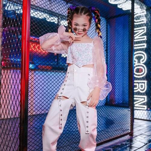 Hip Hop Dancing Clothing Kids Lace Puff Sleeve Sequin Tops Cool Overalls Girls Jazz Suit Children Street Dance Costumes DQL5731