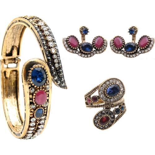 Luxurious Turkish Resin Flower Jewelry Sets Earrings Ring Bangle Sets Antique Gold Color Jewelry India Wedding Bride Jewelry