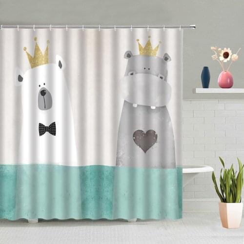 Cute Cartoon Animal Shower Curtain Elephant Bear Green Leaves Flower Plant Children Bedroom Decor Cloth Bathroom Screen Washable