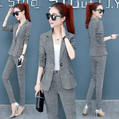 2021 Fashion Women Spring Autumn Long Sleeve Single Button Blazers Jacket + High Waisted Pants Suits Plaid Two Piece Sets X317