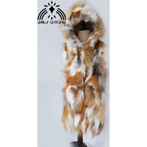 Real genuine natural fox fur Vest with hood womens red fox fur gilet winter jacket 70CM length customized big size