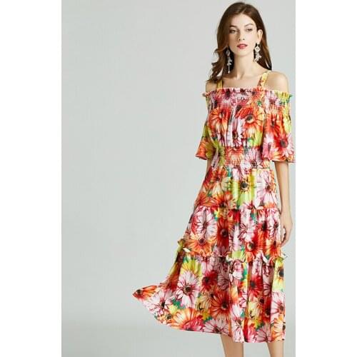 Summer Runway Designer Elegant Midi Dress Women Elastic Waist Sun Flower Print Boho Holiday Beach Party Dress k450