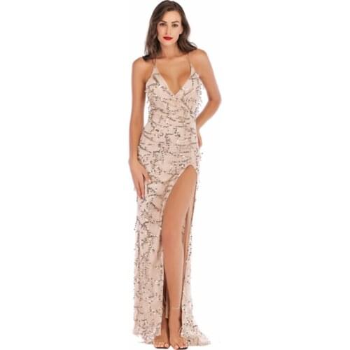 Deep V Sequins Dress Women Wrap Tassels Sleeveless Black Apricot Long Dress Ladies Cocktail Nightclub Ladies Dresses Casual Sex