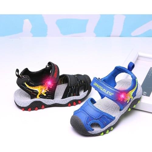 2021 LED Summer Sport Boys Beach Shoes Light Up Children Sandals Anti-Slip Baby Boy Footwear Soft T-Rex Kids Shoes