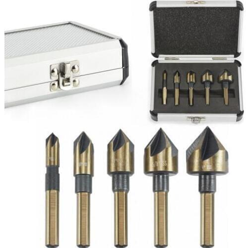 5 Pcs/Set Industrial Countersink Drill Bit Set Tri-Flat Shank Quick Change 1/4"-3/4" Kit Tool With Box Hand Power Tool #251875