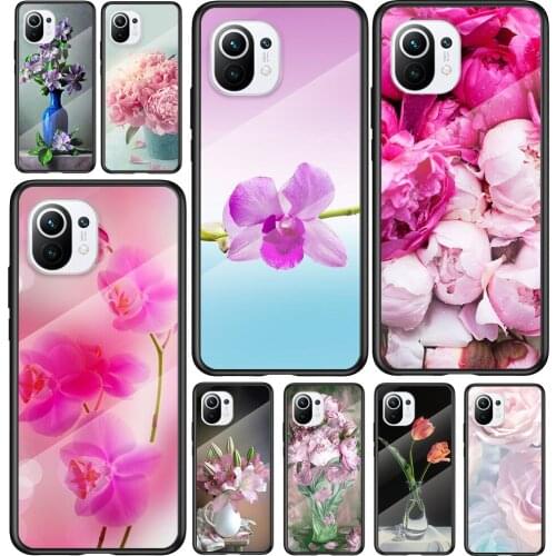 Tempered Glass Cover Pink Flower Peony For Xiaomi Mi 11 11i 10T CC9E CC9 9T Note 10 Ultra Pro Lite 5G Phone Case