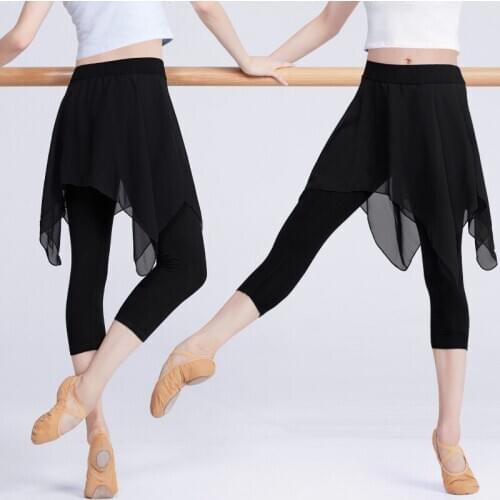 Professional Black Ballet Stretchy Dance Leggings Girls Women Adult Ballet Training Pants With Chiffon Skirt Fitness Gym Pants