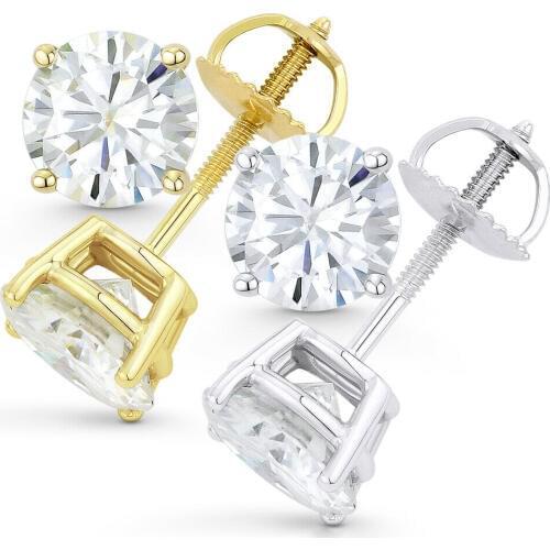 AEAW Round Moissanite Stud Earrings For Women Solid 14K White Gold Fine Jewelry 0.25ct 0.5ct 1ct 2ct