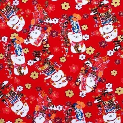 1 yard Printed Cotton Woven Fabric - Lucky Pig and Flower on Red Background (width=140cm)