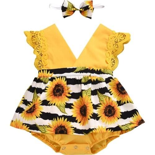 2020 Newborn Baby Girls Romper Dress Sunflower Print Lace Sleeve V Neck Jumpsuits Headband 2pcs Summer Clothing 0-24M