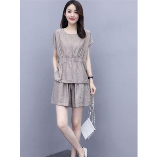 Cotton And Linen Short Pant Set Women Summer 2021 New Short Sleeve Tops And Short Pants Fashion Casual Two Piece Set Tide aq469