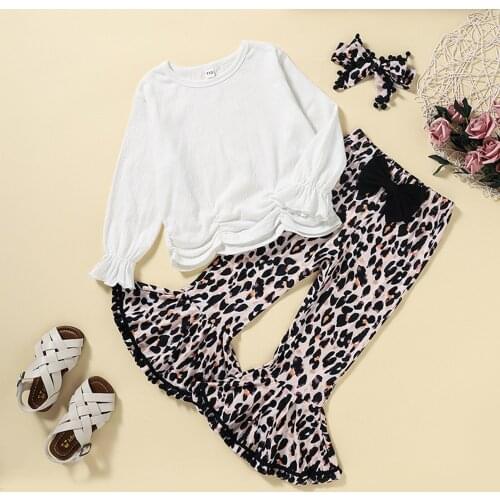 Toddler Baby Girls 3pcs Clothes Set Infant Solid Long Sleeve O-neck Pleated Tops+Leopard Print Flared Trousers+Headband