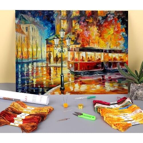 Night Trolley Printed 11CT Cross Stitch Embroidery Set DMC Threads Handmade Sewing Craft Handicraft Gift Mulina