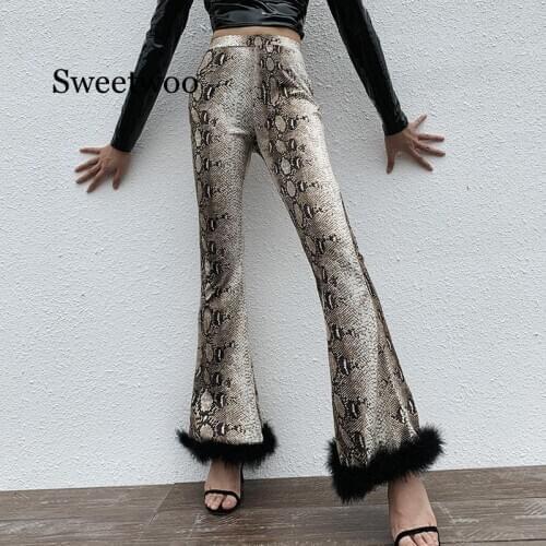 New Elastic Waist Trousers Pantalones Sexy Party Club Flare Pants INS Women Spring Fashion Snake Skin Print Wide Leg Pants